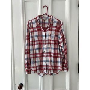 Luck Brand lightweight cream maroon, orange flannel plaid button down shirt L